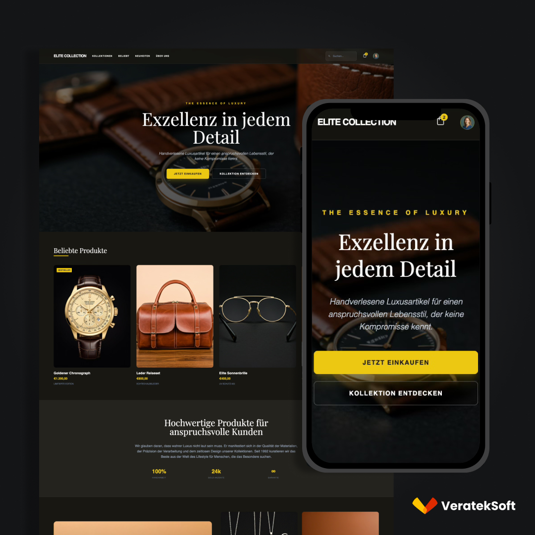 VeratekSoft Online Store Landingpage mit hochwertiger Produktpräsentation und klarer Struktur