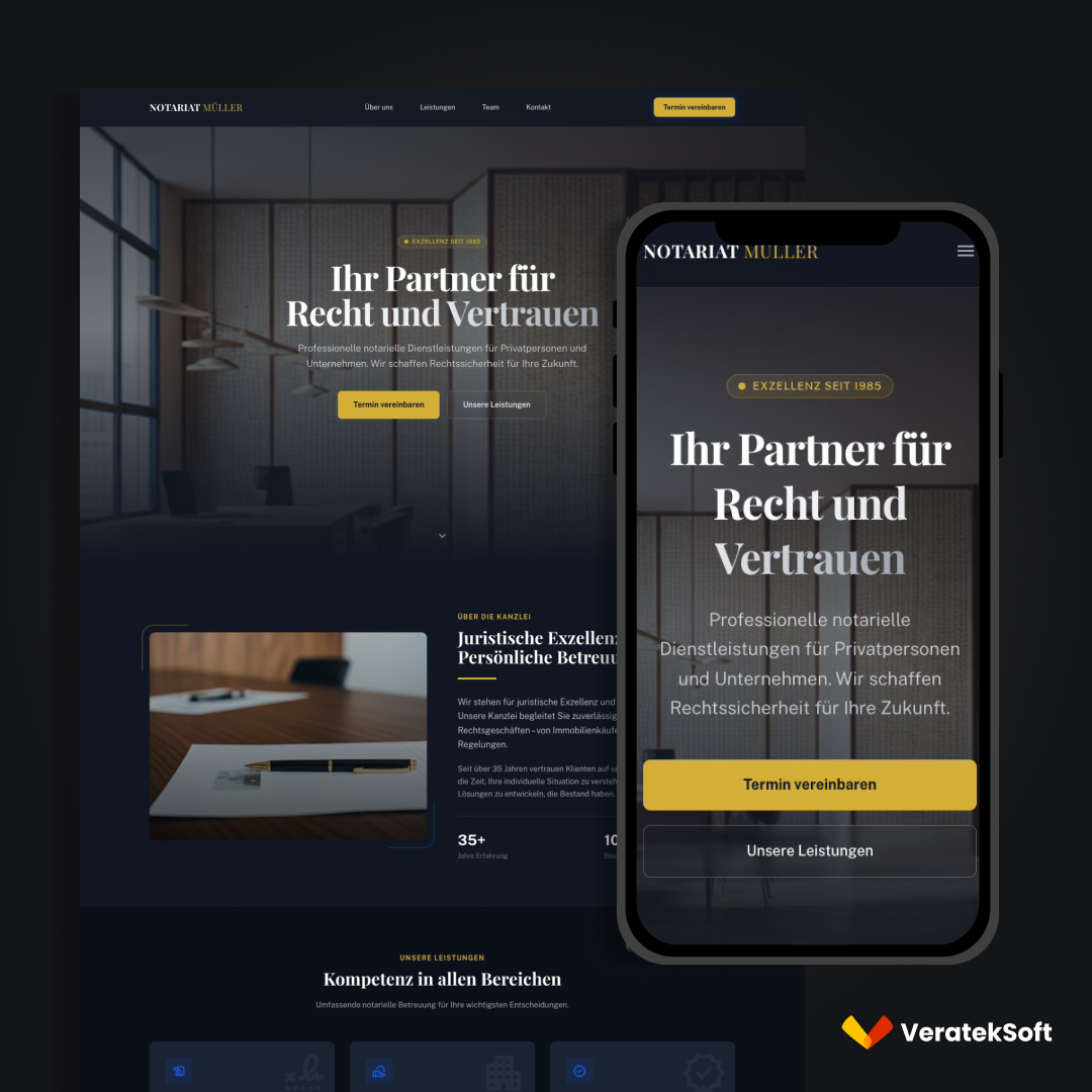 VeratekSoft Notar Website mit Online Terminbuchung und responsivem Design