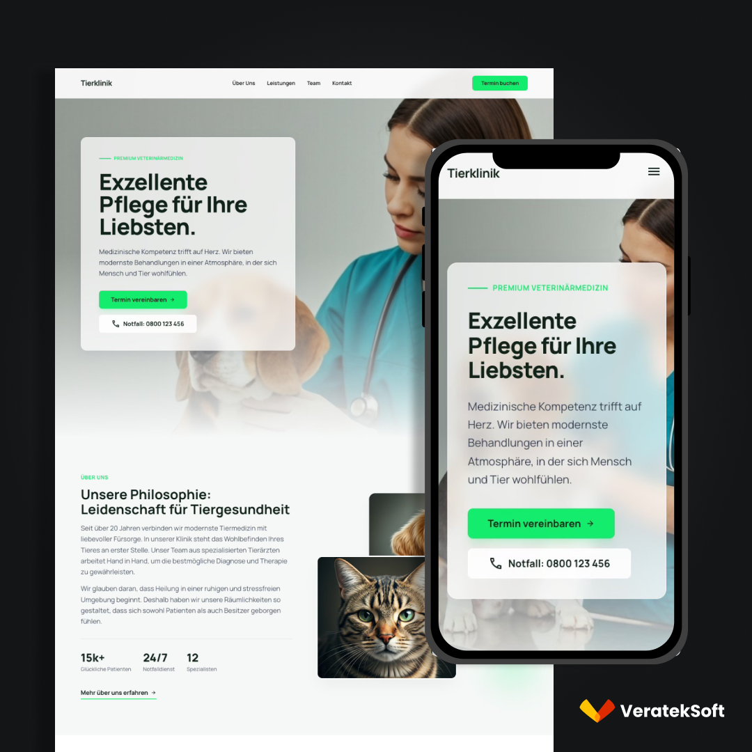VeratekSoft Tierpraxis Website mit klarer Informationsstruktur und responsivem Design